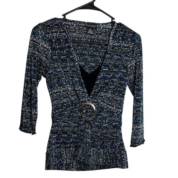 Bay Studio Career Petite PS 3/4 Sleeve Blue/Black Pattern Blouse - Picture 1 of 8